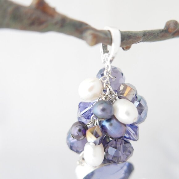Freshwater Pearl Cluster Pendant - Swarovski Crystals, Iolite -  Sterling Silver - Picture 3 of 5